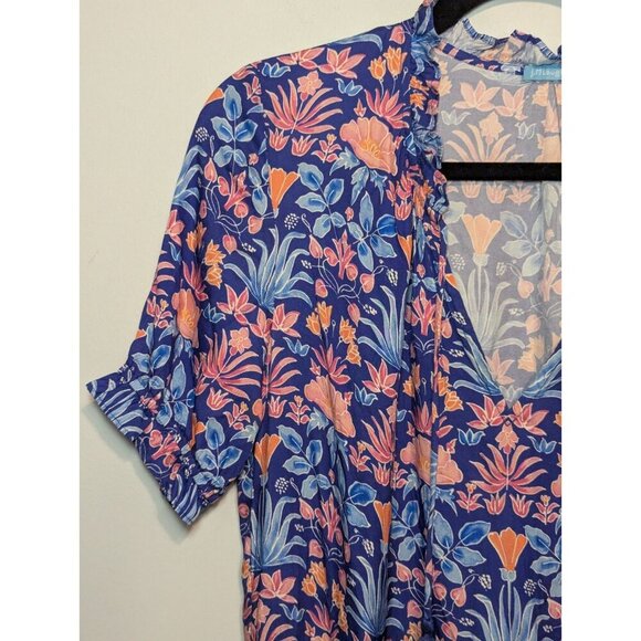 J. McLaughlin XS Dress Chessie Silk Blend Blue Floral Tiered Stained Glass Boho - Picture 4 of 12